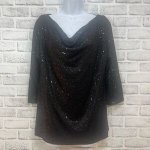 Eileen Fisher 100% Silk Sequin Cowl Neck 3/4 Sleeve Top Medium